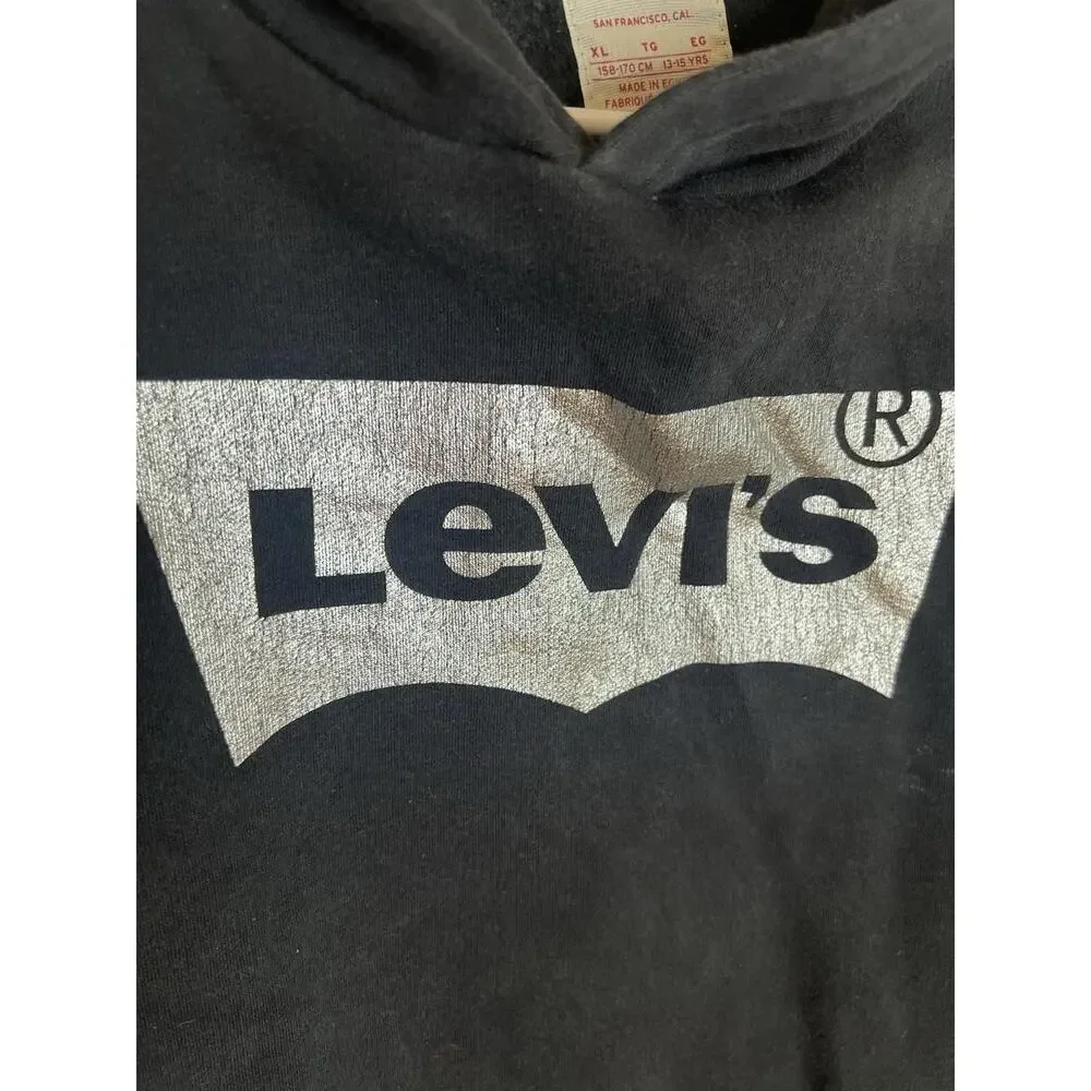 Levi's Boys XL 13-15yrs Black Silver Logo Pullover Hoodie Single Pocket Casual - Picture 3 of 6